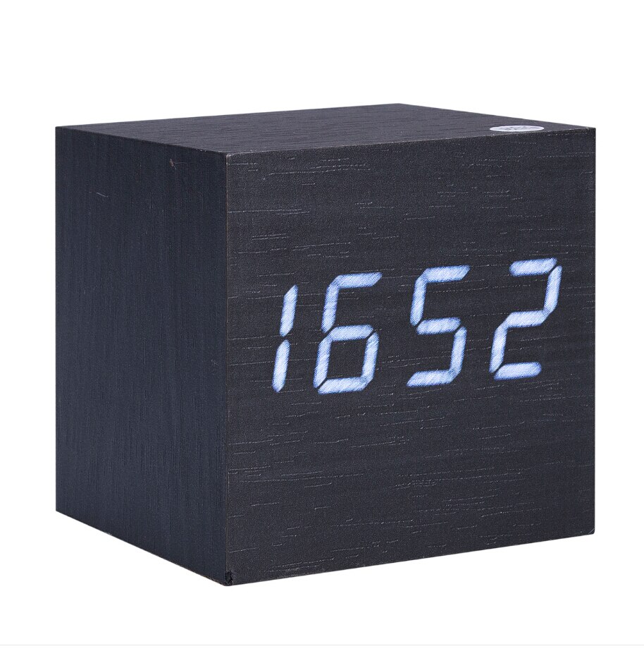 Houten Creatieve Kubus Digitale Led Desk Alarm Thermometer Timer Kalender Usb Aaa Klok: Black