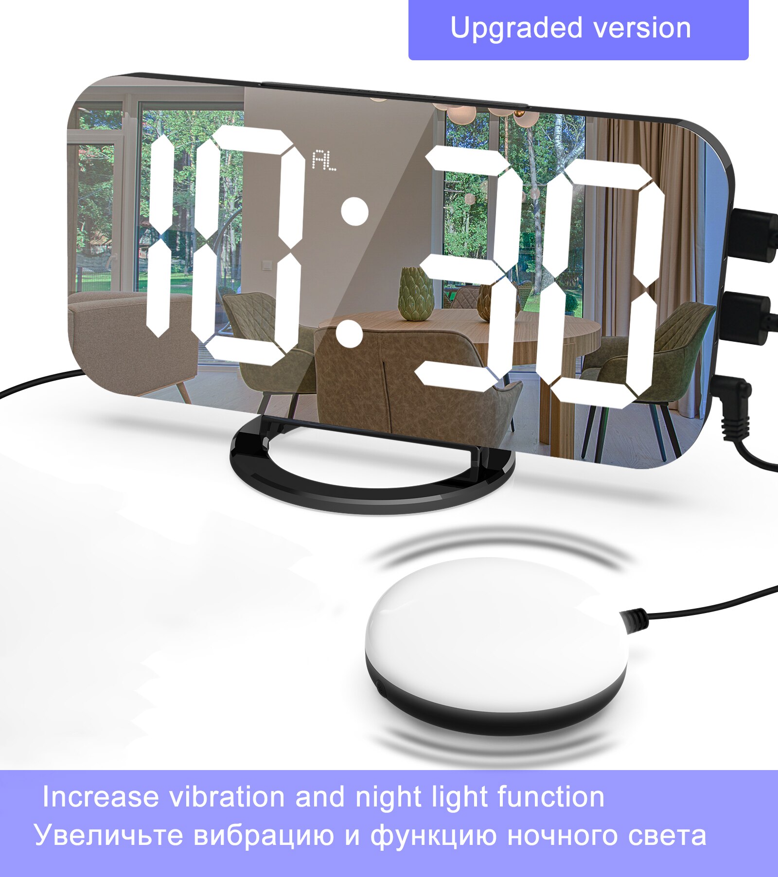 MICLOCK Digital Alarm Clock Large LED Mirror Electronic Clocks with Vibration Reminder Snooze Night Light USB Charge Desk: A-Black