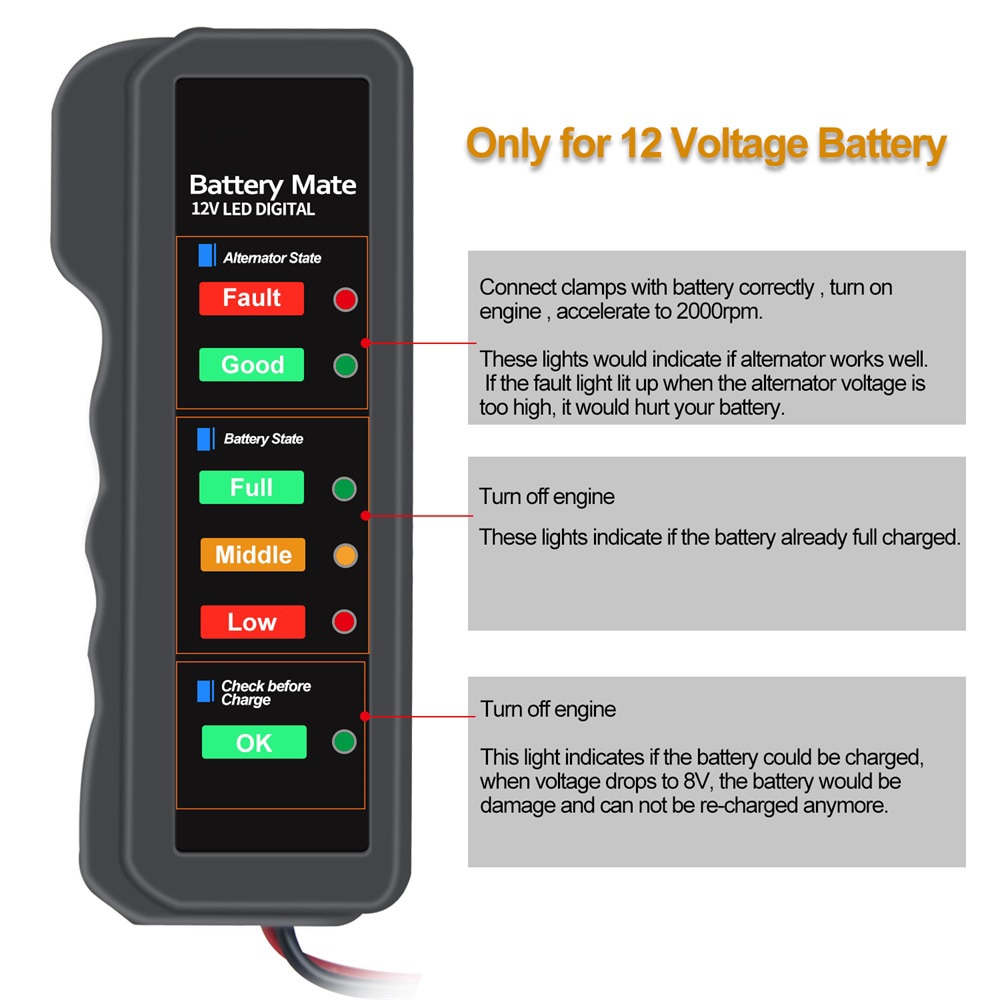 12V Car Battery Tester Vehicle Alternator Test 12 Volt Batteries Check Diagnostic Tool For Automobile And Motorcycle Accessories
