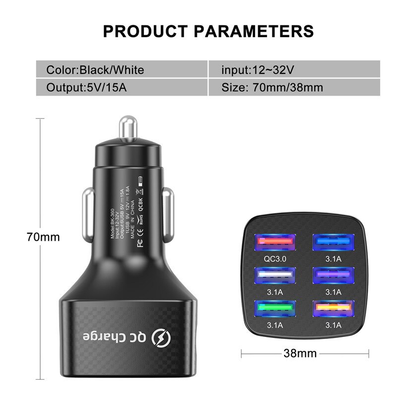 6 Poorten Usb Auto Lading 75W Quick Charge 3.0 Mini Snel Opladen
Voor Iphone 13 12 Pro Samsung Xiaomi Huawei Mobiele Telefoon Oplader