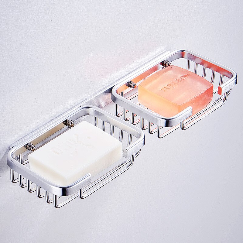 Shower Wall Soap Dish Holder, Wall Mounted Draining Soap Saver for Bathroom Tile - Rectangle Bar Soapdish with Perforation: Double row-Silver