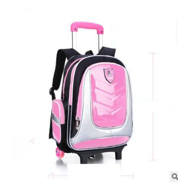 PU School Trolley backpack bag for boys kids wheeled Backpack for School Trolley bag On wheels for kids School Rolling Backpack: 2 wheel Pink