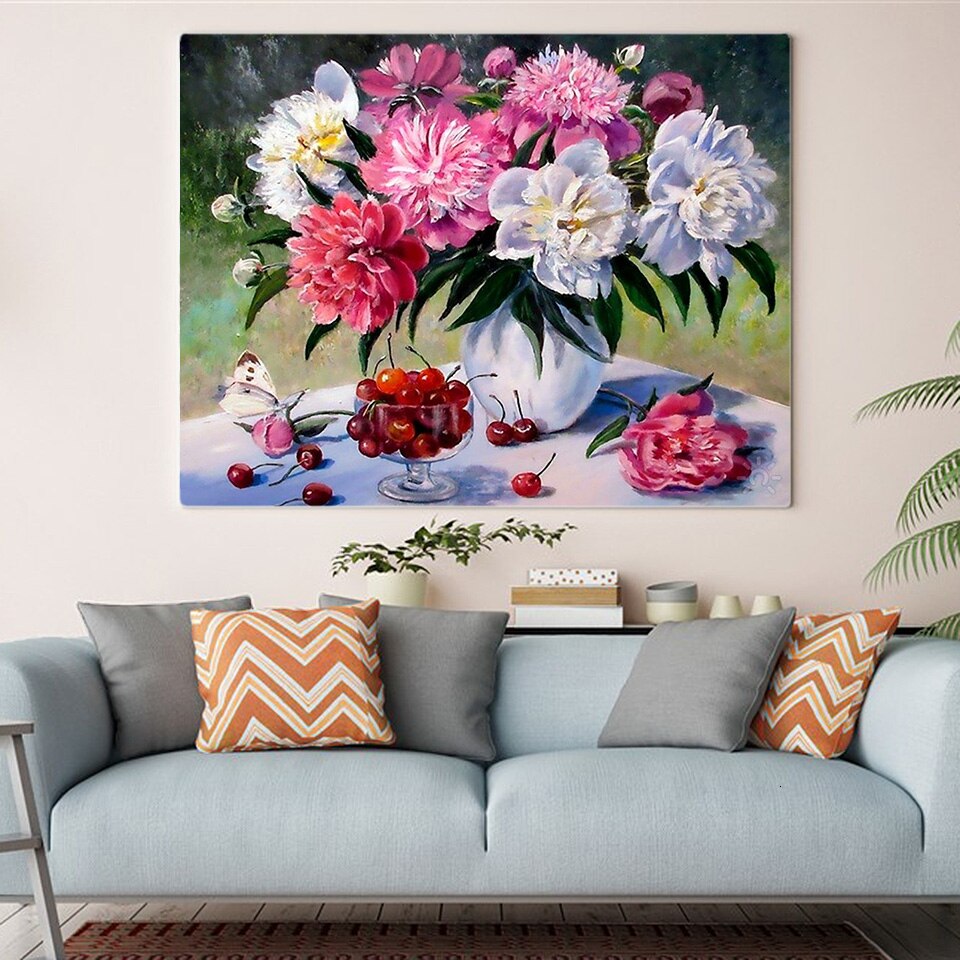 EverShine, Kits de imágenes por números de flores, dibujo pintado a mano, lienzo de peonía, arte de pared, decoración del hogar