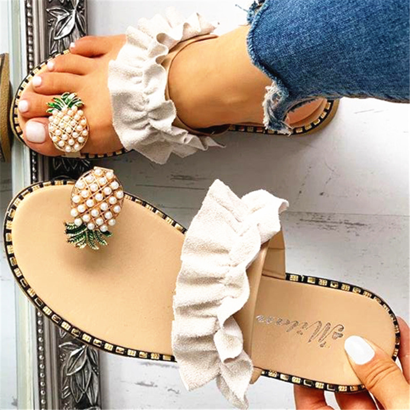 Frauen Pantoffel Ananas Perle Flache Kappe Böhmischen lässig Schuhe Strand Sandalen Damen Schuhe Plattform alias De Mujer Verano: Weiß / 35