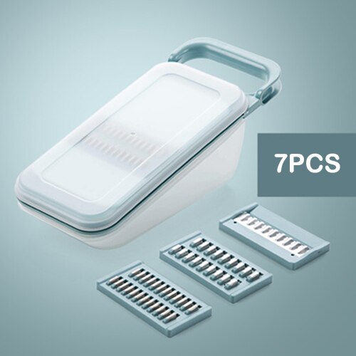 Huishoudelijke Groentesnijder Multifunctionele Aardappelen Wortelen Ui Komkommer Shredder Handleiding Afvoer Mand Gereedschap Rvs: B-7PCS-BLUE