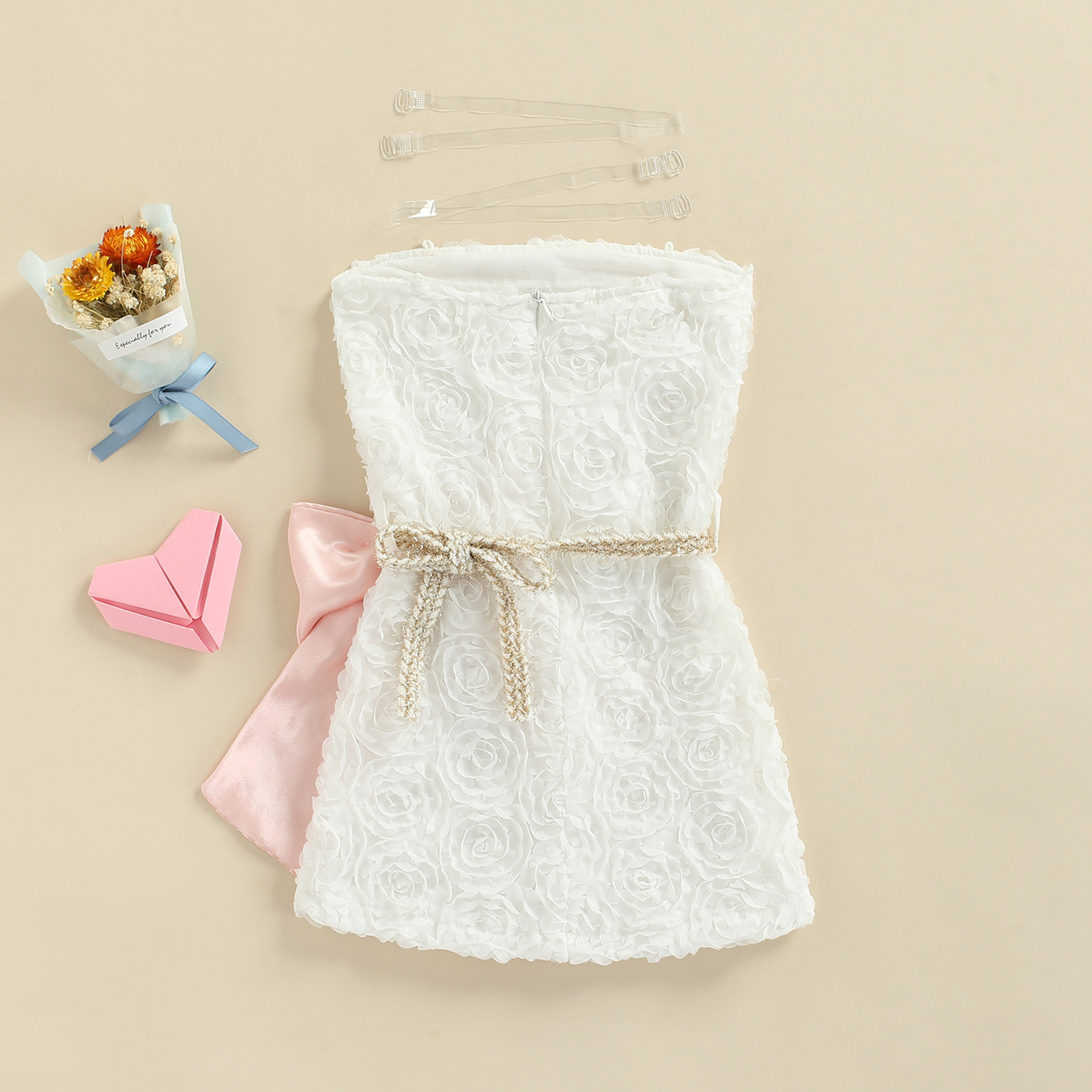 Girl Lace Flower Summer Dress Children High Waist Bow Decor Off Shoulder Kid Party Sleeveless Princess Dress