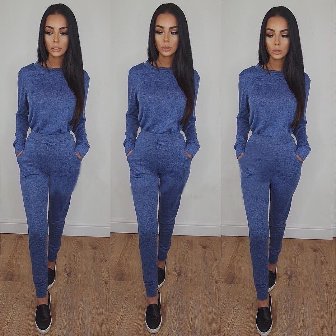 Solid sex Suit Set Women Tracksuit Two-piece Style Outfit Sweatshirt Sport Wear: Blue / S