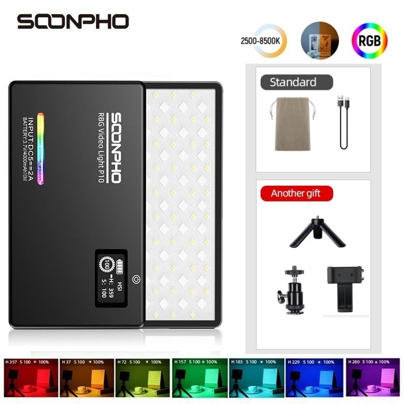 SOONPHO – lampe de remplissage P10, rvb 2500K-8500K, CRI 97, batterie intégrée, éclairage pour Studio de tournage + trépied