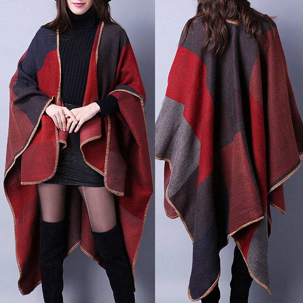 Feminino xadrez cor bloco xale envoltório frente aberta poncho cape cardigan presente de natal malha camisola casaco para o inverno natal feriado