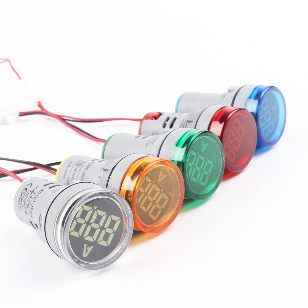 22mm 0-100A LED Ammeter meter indicator pilot light Red Yellow Green white Blue digital ammeter Current transformer