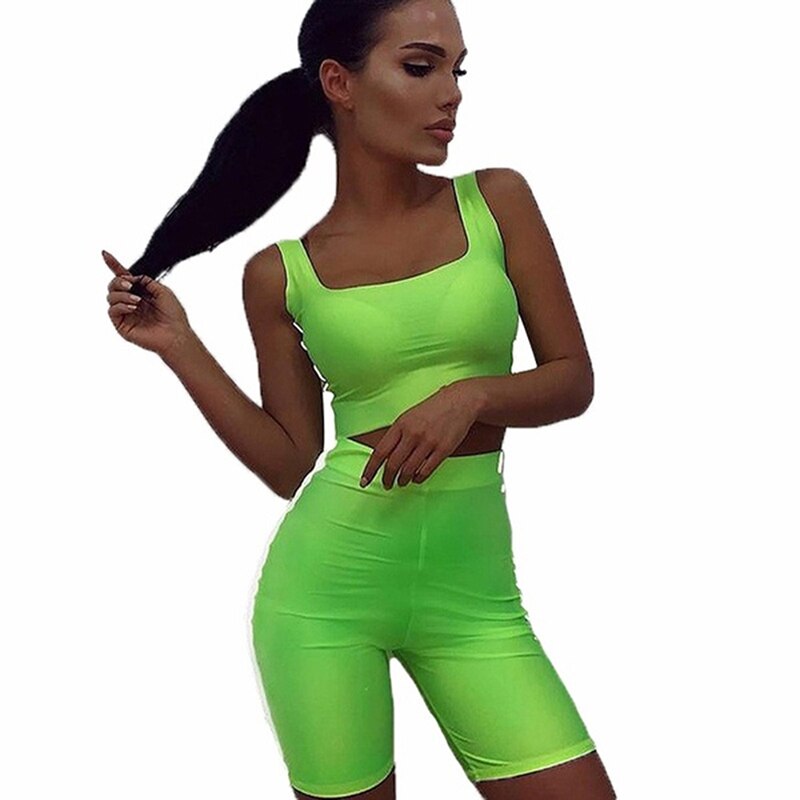 Reflective Stripes Cropped Top And Shorts Tracksuits Women Two Piece Set 2pcs Sportswear Gym Workout Sports Yoga Running Set: green / S