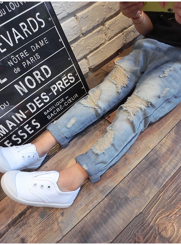 Jongens &amp; Meisjes Ripped Jeans Lente Zomer Herfst Stijl Trend Denim Broek Voor Kids Kinderen Distrressed Gat Broek