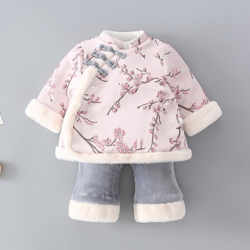 Nyfødt baby år tang jakkesæt kinesisk traditionel spædbarn cheongsam outfit pige etnisk hanfu fancy fe dans fløjl tøj: Farve 1 / Højde 90cm