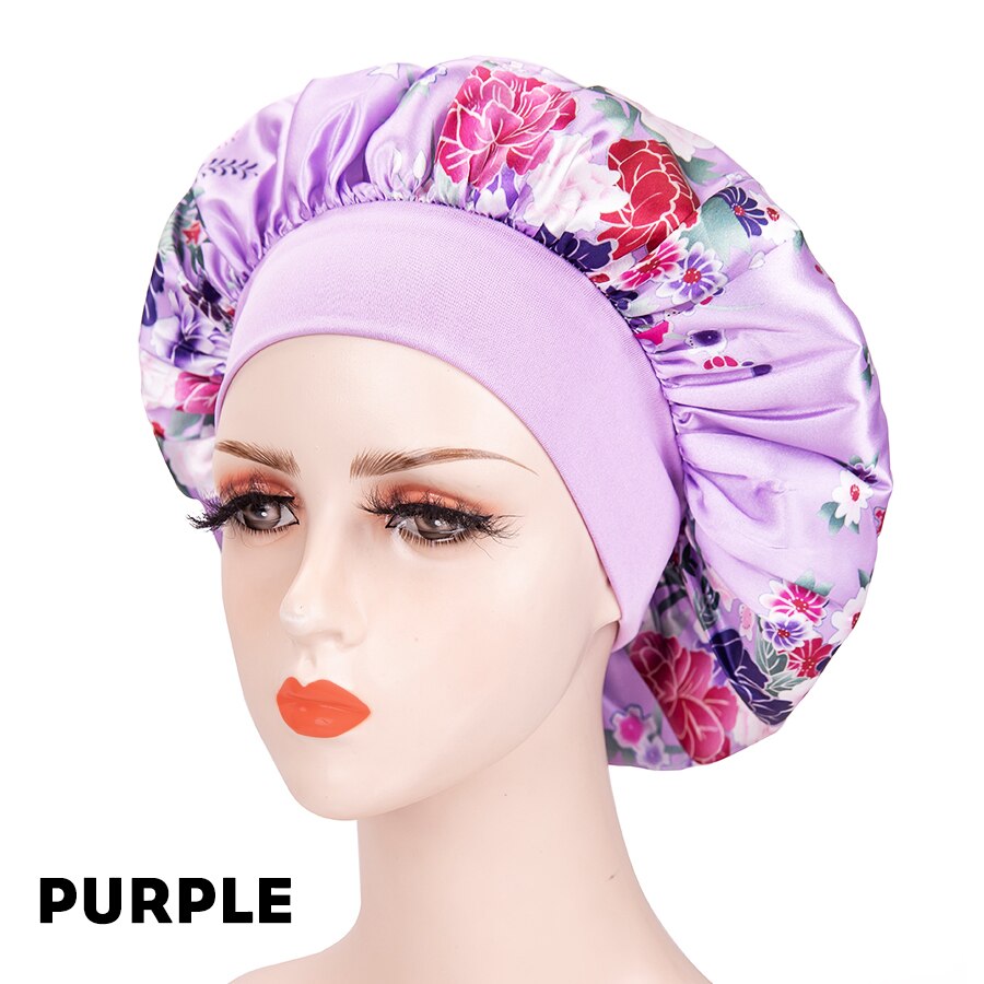 Red Flowers 1 Piece Sleep Cap Satin Bonnet Night Head Cover With Wide Band For Sleeping Soft Hair Silk Bonnet For Women Girls: PURPLE