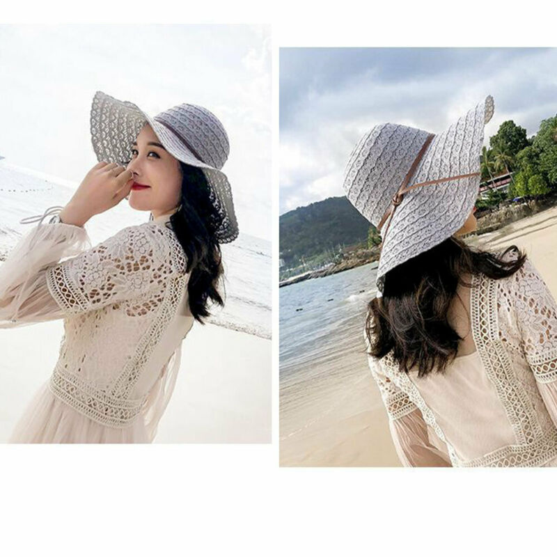 Women Summer Big Wide Brim Straw Bucket Hat Beach Sun Foldable Bow Cap