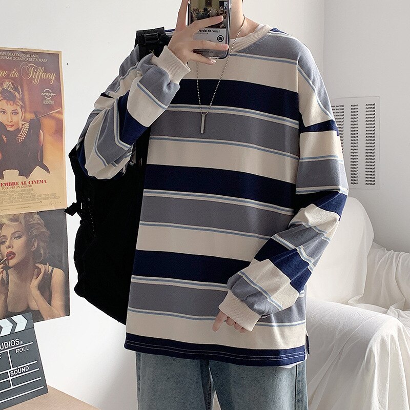 Fleece Striped Sweatshirt Men Oversized Korean Style Men's Sweatshirts Simple Student Boy Clothing