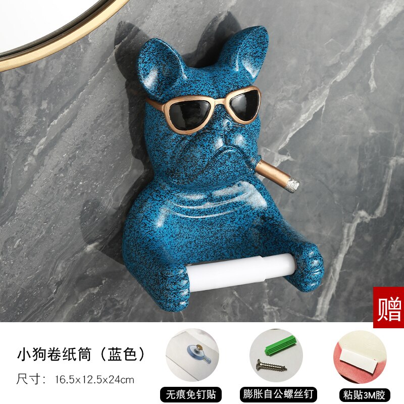 Luxury Resin French Bulldog Paper Tissue Holder Toilet Animal Sculpture Shelf Bathroom Tissue Holder Free Perforated Wall Mount: B