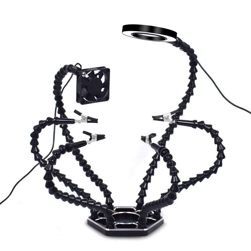 Toolour Helping Hands Third Arm Soldering Work Station 6 Flexible Arms with Precision 360 Degree Alligator Clip USB 3X Magnifier: N-SS6LF-BK9