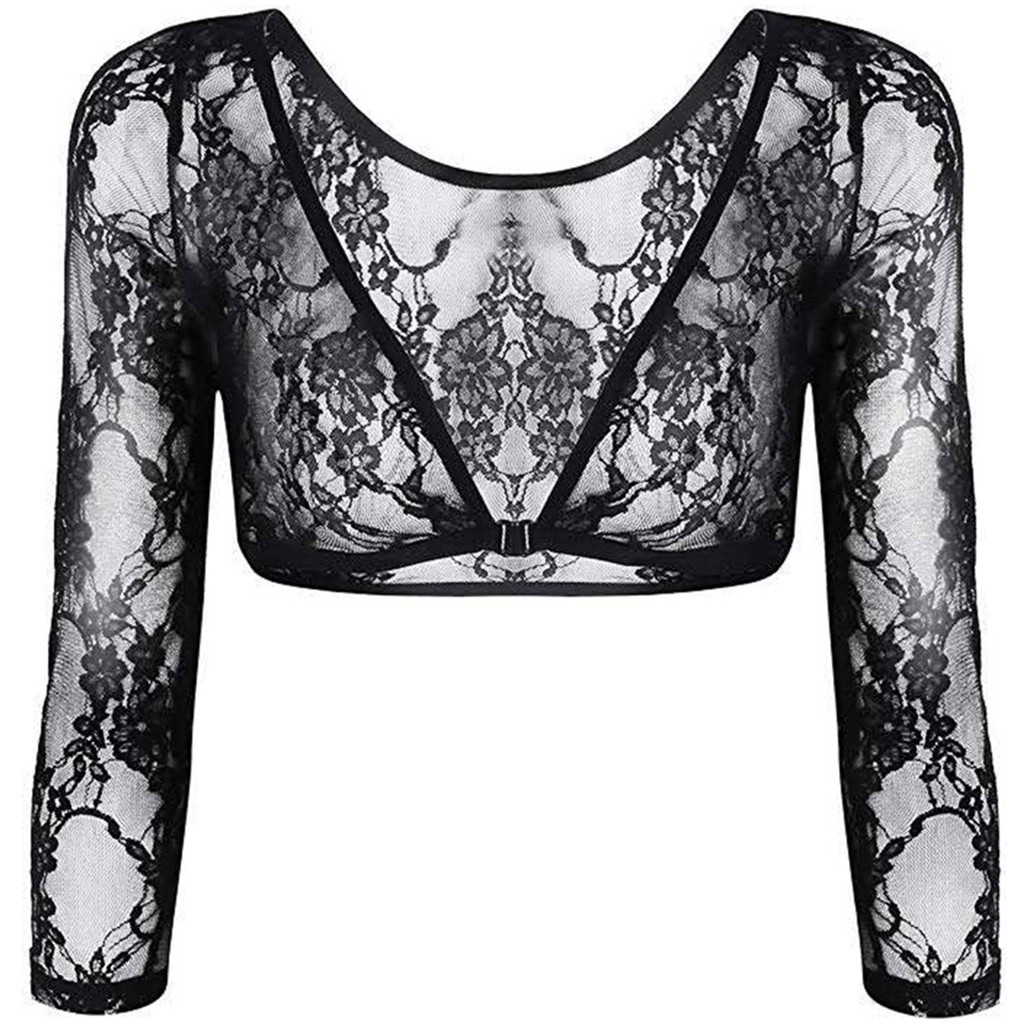 Plus Size Seamless Arm Shaper Lace print Sleevey Wonders Women's V-neck Long Sleeve Bottoming Top Perspective Cardigan tops VD7: L