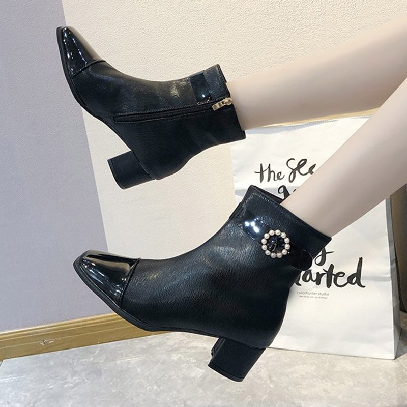 Femmes bottines perle boucle robe chaussures hiver nouvelle perle chaussons dames chaussures carré talon botas mujer 8592N