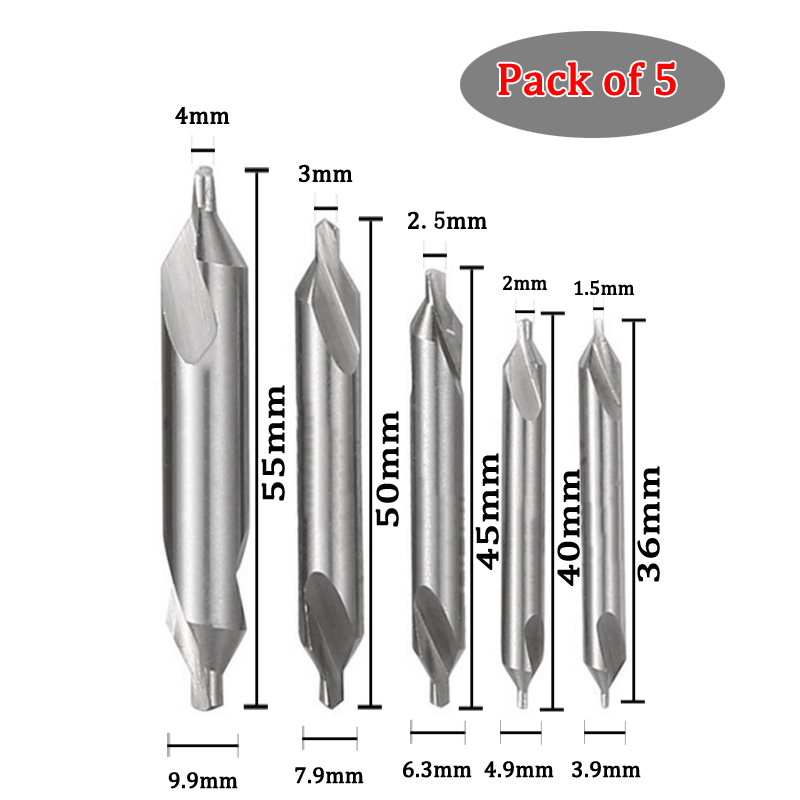 Combination Metal Center Drill Bit Set Double Sided HSS 60 Degree Countersink Drill 1mm 1.5mm 2mm 2.5mm 3mm 4mm 5mm: 5pcs Set