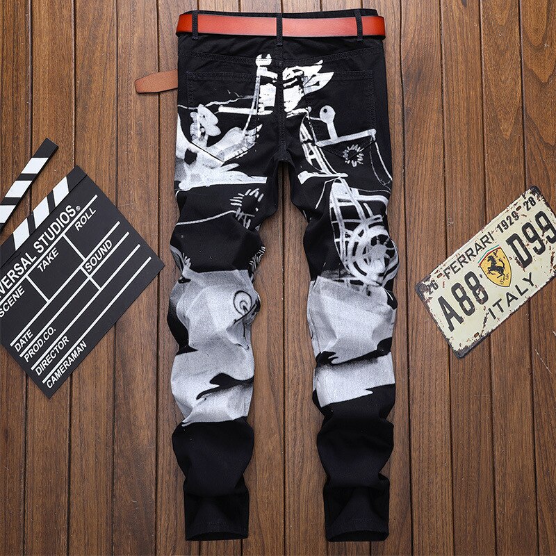 Print casual jeans bukser mænd slim fit denim bukser jean jogger mænd hip hop streetwear bukse tøj sort  wa108
