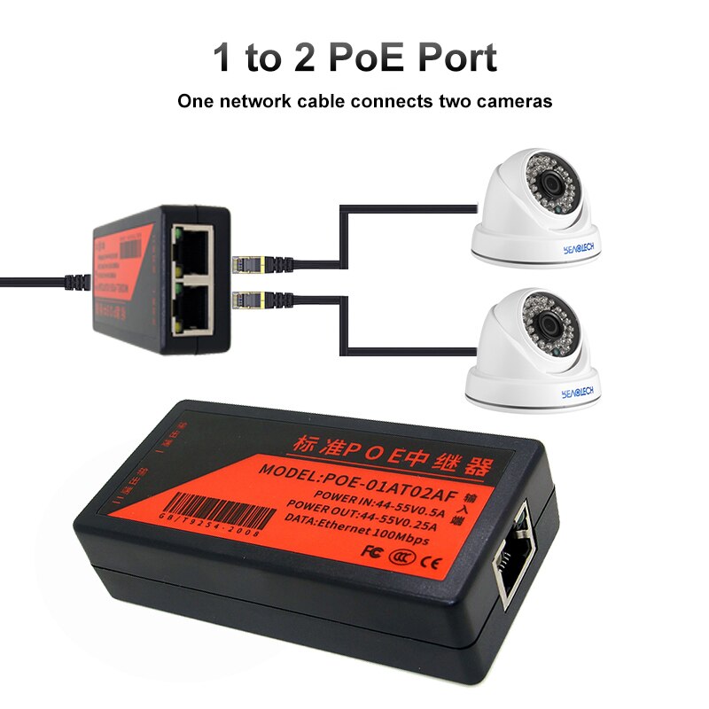 2 Port POE Network Extender Ethernet 10/100Mbps POE Repeater with IEEE 802.3af Standard Input / Output for IP Camera