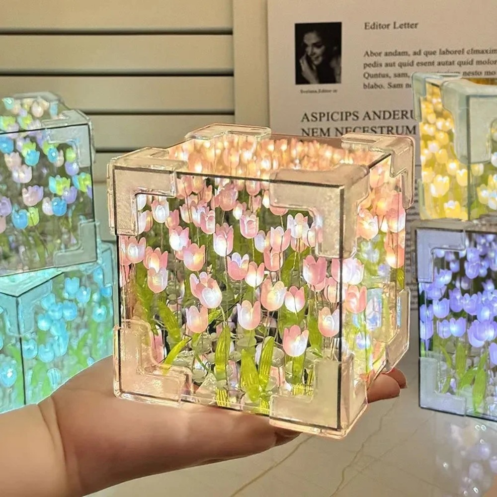 Lámpara de mesa de tulipán artesanal para dormitorio, luz nocturna de espejo de tulipanes, flor de simulación hecha a mano, de cumpleaños
