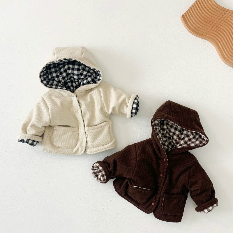 Winter Baby Jungen Mädchen Jacke Mit Kapuze Jungen Warme Oberbekleidung Cord Winter Jacke Einzelne Brust Verdicken Kinder Mantel Zwei-seite tragen