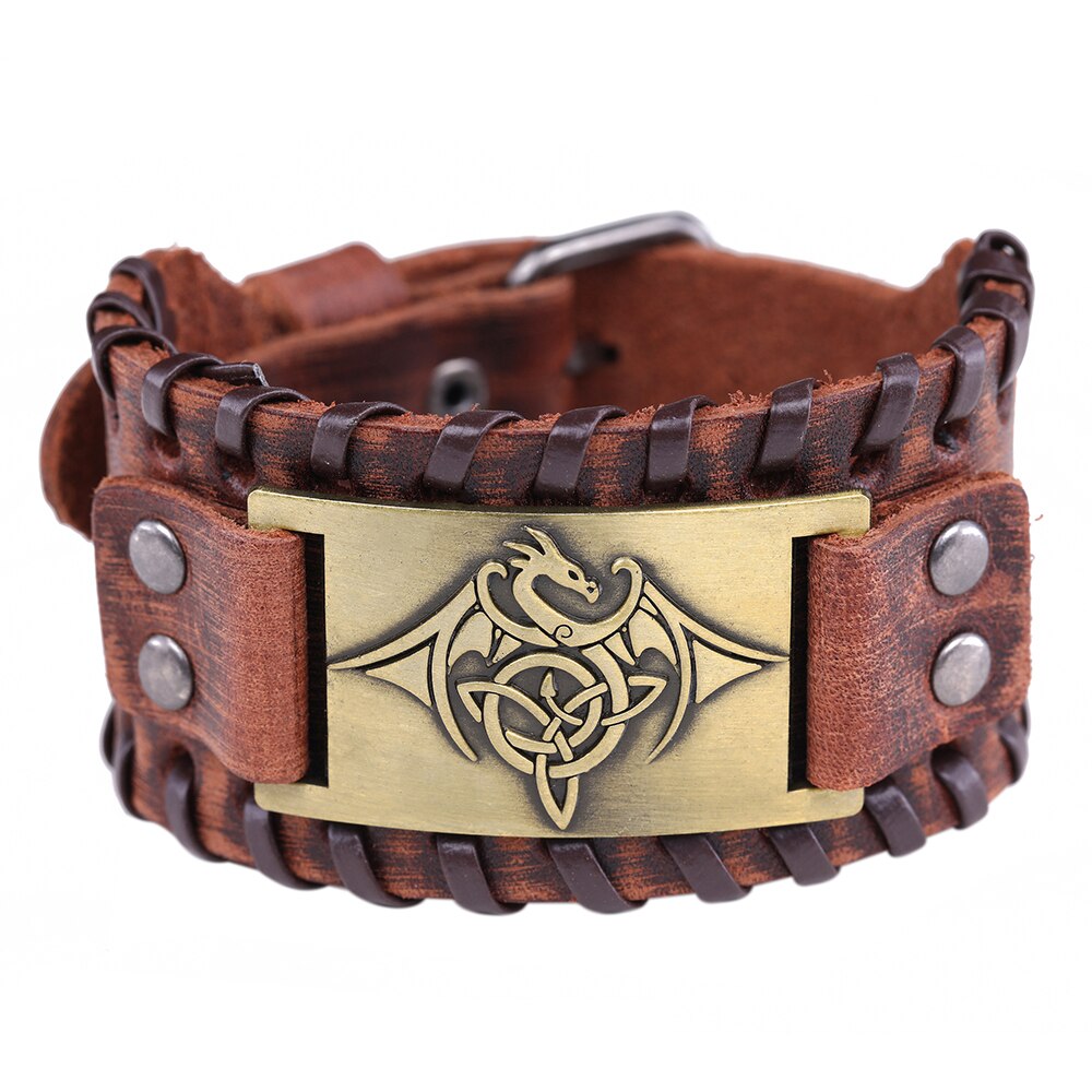 LIKGREAT Vintage Wicca Symbol Triqueta Pterosauria Dragon Charm Bracelets for Men Black Brown Leather Wrap Bracelet Cool Jewelry: 10