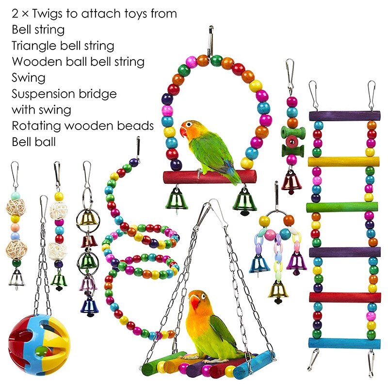 Juguetes de jaula de pájaros para loros, columpio colgante de madera, con cuentas y campanas de bolas, fiable y masticable, paquete de 10 unidades