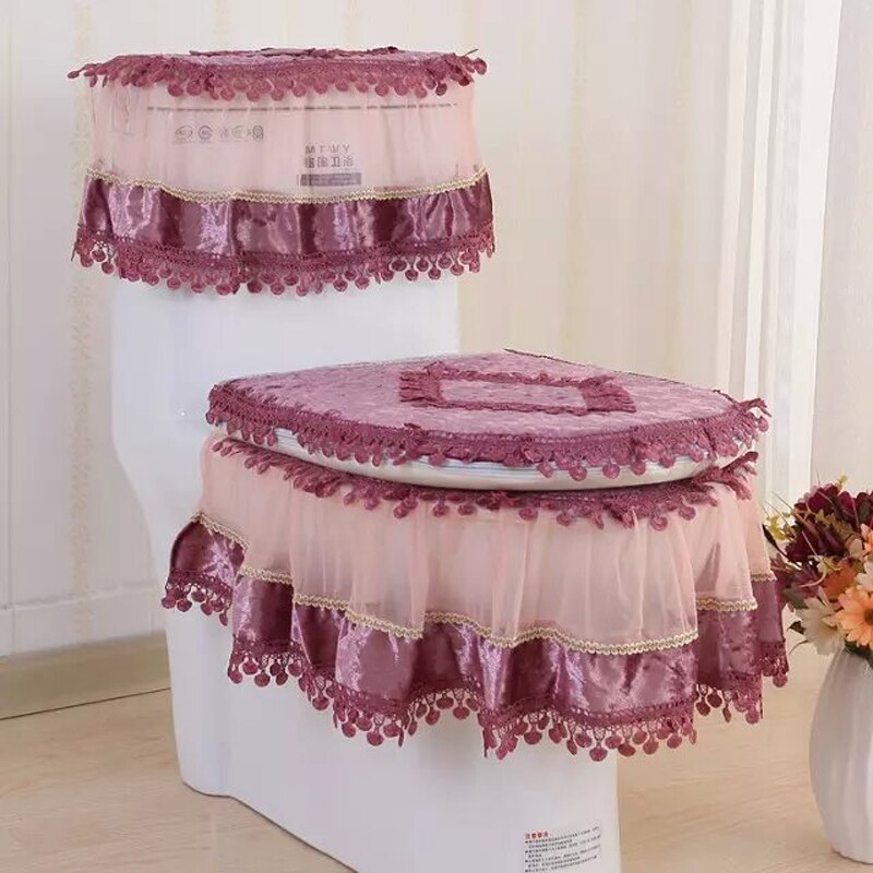 Asiento de inodoro de encaje para baño, cubierta de tanque de agua, Cubierta superior, juego de almohadillas de inodoro, cojín Protector de inodoro con estampado Floral de tres piezas