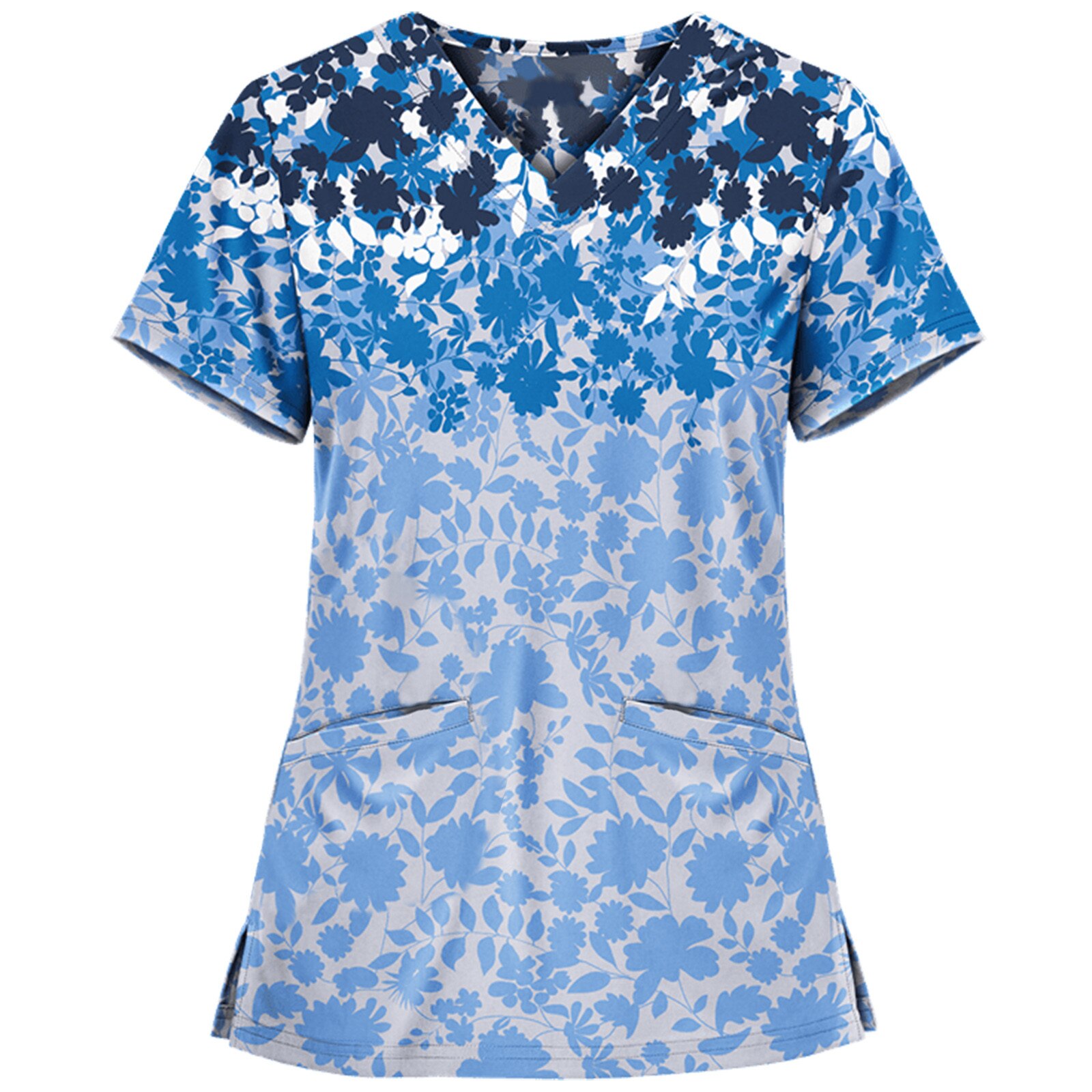 Chemisier à manches courtes et col en v pour femmes, uniforme de travail, salopette à imprimé floral, accessoires d'infirmière, # AA05: Bleu / XXL
