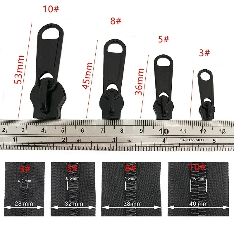 3 # 5 # 8 # 10 # Cremalleras de bobina de código negro de 10M, 10 Uds., deslizadores de cremallera, costura de ropa, tirador de cremallera, Kit de reparación de cremalleras, accesorio de cierres