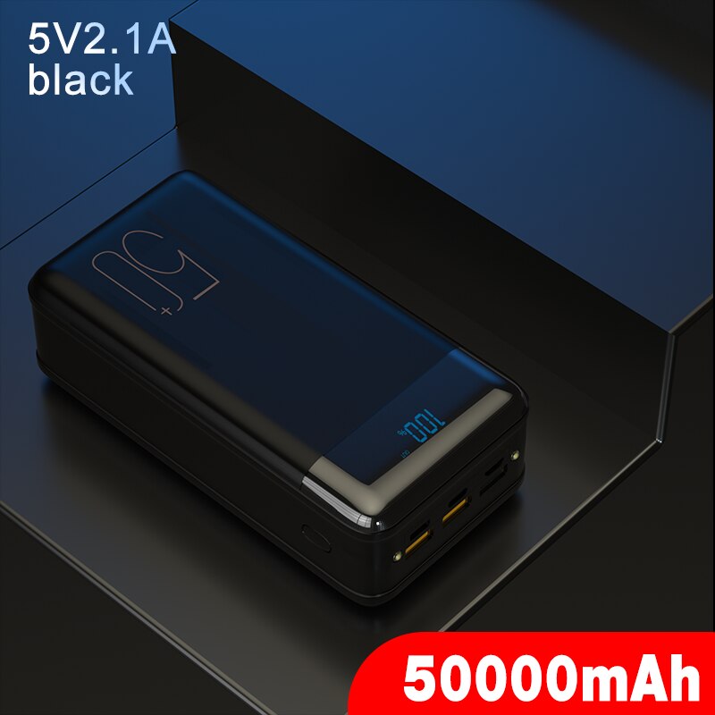Power Bank 50000mAh 18W PD QC3.0 Quick Charge Poverbank External Battery Portable Powerbank 50000mAh for iPhone 12 Pro 11 Xiaomi: 5V2.1A  Black