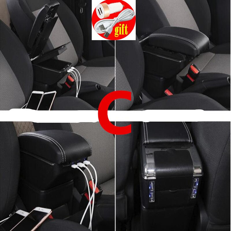 For Fiat 500 armrest box USB Charging heighten Double layer central content holder ashtray accessories: C Black White line