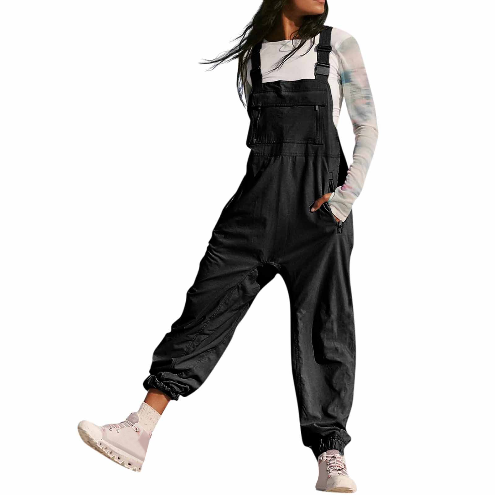 Kombinezony damskie Letnia moda Casual Luźne kombinezony z szerokimi nogawkami Jednokolorowe kieszenie z wkładkami Retro Kombinezony z paskiem na guziki: L / Black