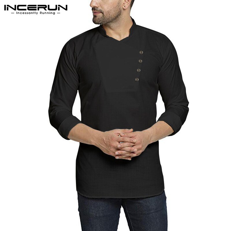 Män vintage skjorta långärmad indiska kläder stativ krage streetwear muslimska toppar solida fritidsskjortor kurtas incerun s -5xl