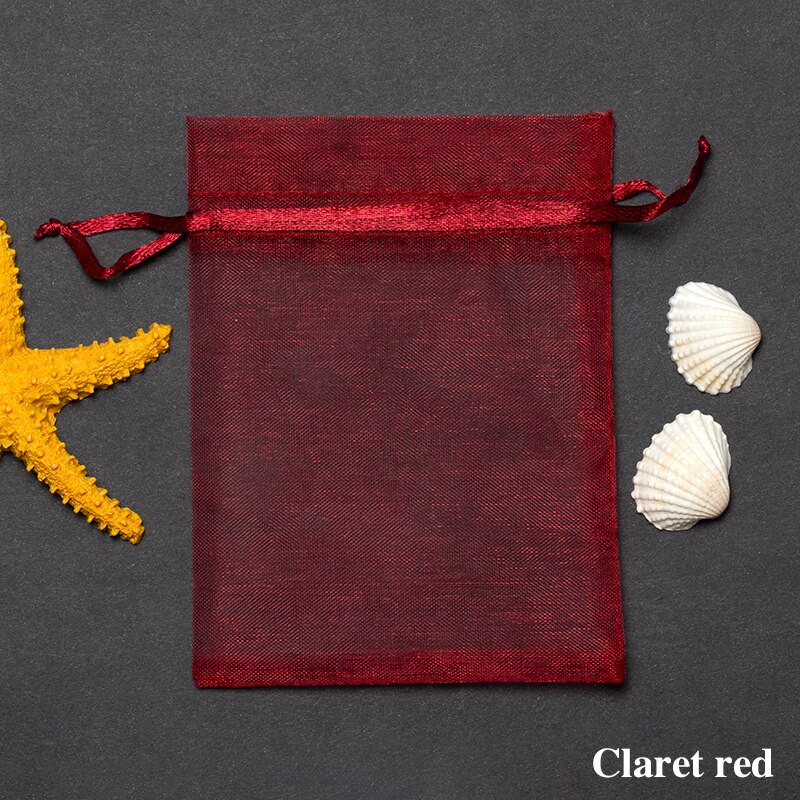 50 sztuk z przeźroczystej organzy torby szuflady etui na biżuterię torba do pakowania prezentów worek na cukierki na ślub bal Party Decor tiul tkaniny 7x9CM: wine Red