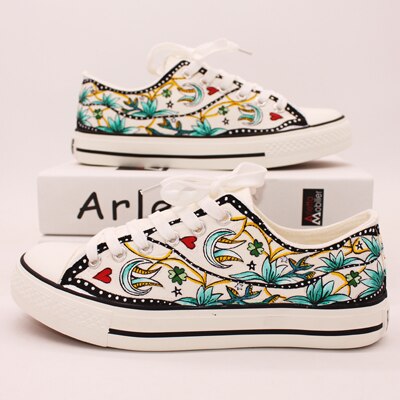 Casual canvas schoenen dames handbeschilderde sneakers canvas schoenen lage top platte zool vetersluiting herfstnieuws antislip maat 35-44: Sj / 6