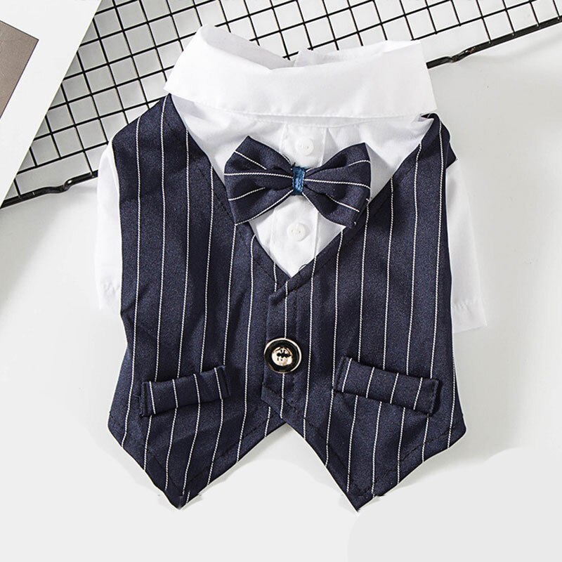 Dog Clothes Wedding Gentleman Formal Pet Suit Bow Ties Stripe Tuxedo Dog Outfit with Buttons Lovely Pet Clothes: Navy Blue / M
