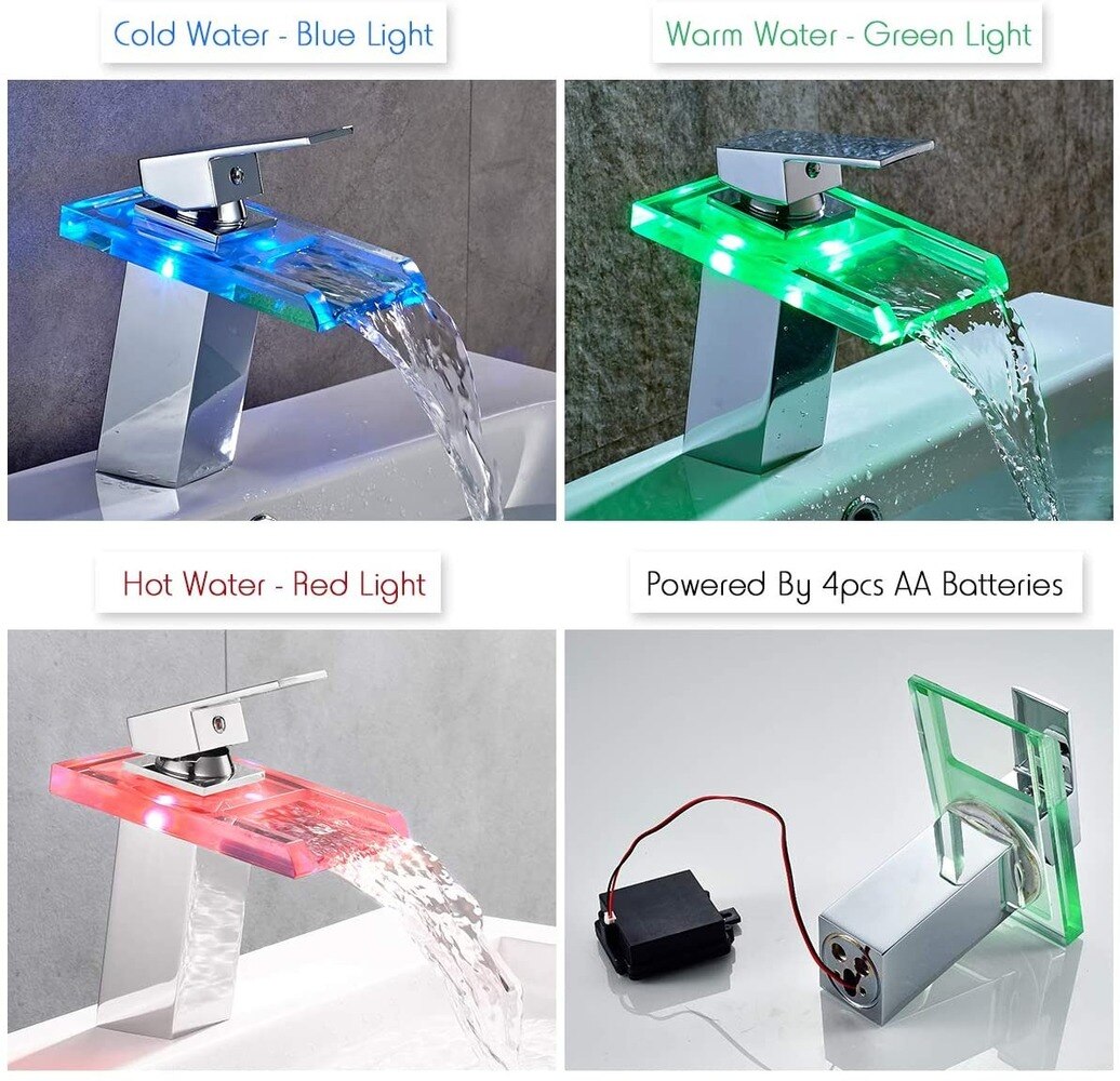 LED Basin Faucet Brass Waterfall Temperature Colors Change Bathroom Mixer Tap Deck Mounted Wash Sink Glass Taps