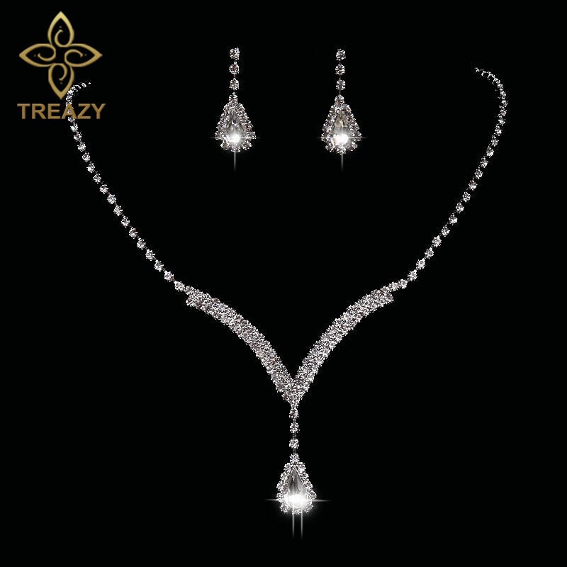 TREAZY Teardrop Crystal Bridal Jewelry Sets Silver Color Rhinestone Necklace Earrings V Shaped Wedding Jewelry Set for Women