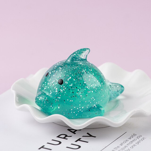 Boule de poudre anti-Stress pour enfants, grand jouet à paillettes spongieux Mochi Squishy Fidget sensoriel, Kawaii: Blue dolphin