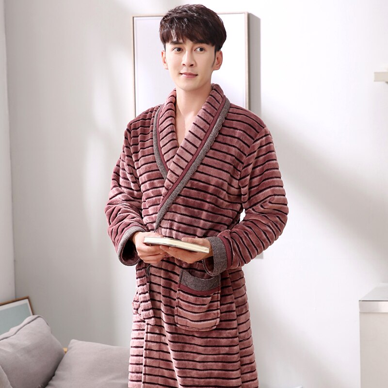 Winter Casual Striped Flannel Male Nightwear Men Bathrobe Belt Bathroom Spa Thick Coral Fleece Men Robe XXXL