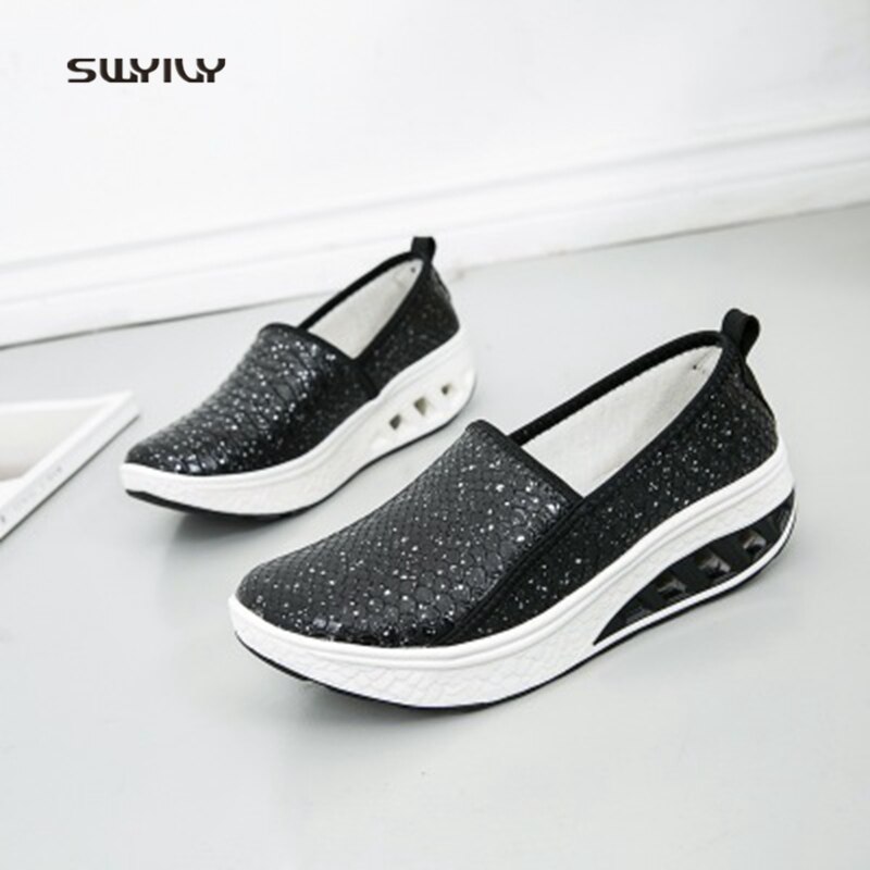 SWYIVY Women Slimming Shoes PU Glossy Wedge Swing Shoes Large Size42 Outdoor Fitness Shoes Lose Weight Lady Toning Shoe