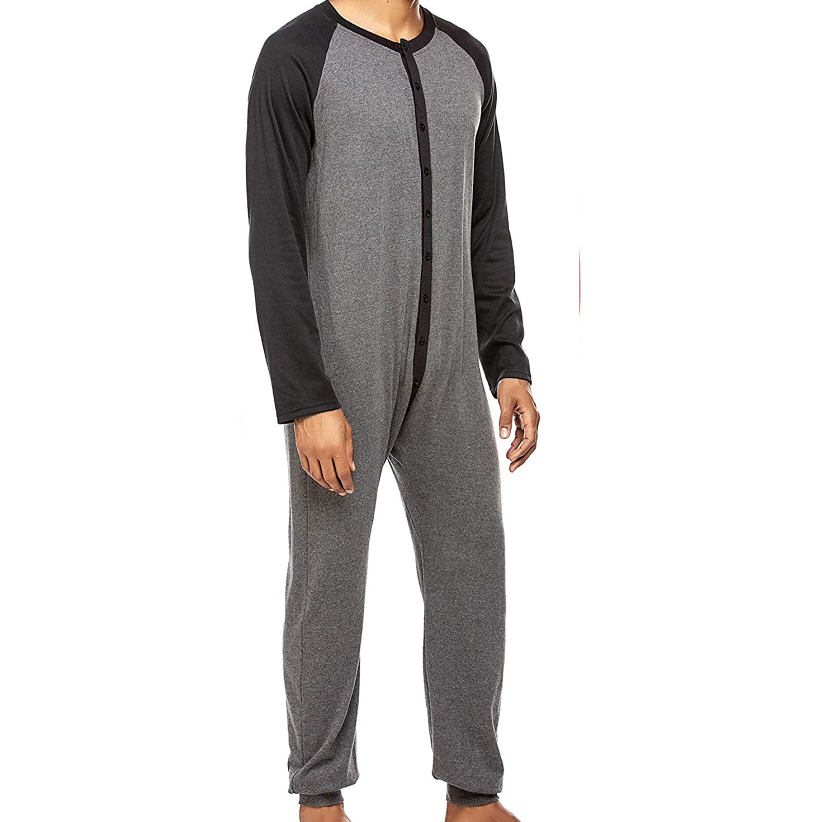 Mannen Een Stuk Pyjama Casual Homewear Nachtjapon Mannen Knoppen Up Jumpsuit Nachtkleding: Grijs / Xxl