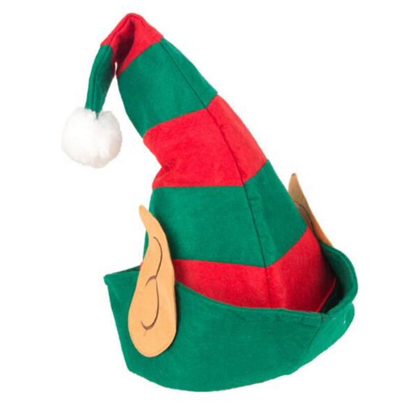 --Christmas Elf Hat Adults with Ears Red Green Striped One Size Fits Most Non-Woven Elf Hat with Ears