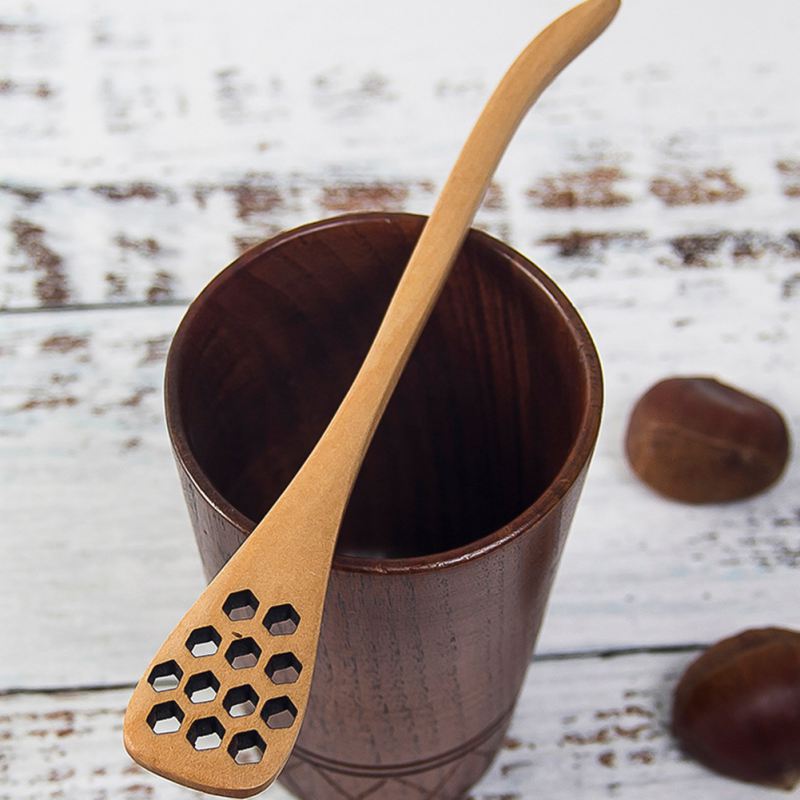 Lotus Wood Spoon with hole 18.5cm Long Handle Natural Wooden Household Honeycomb Stirring Spoon Coffee Tea Honey Spoon Double .