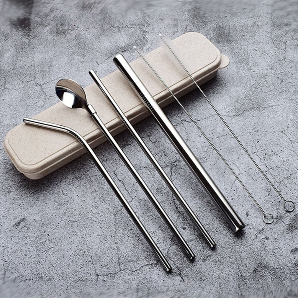 Stainless Steel Dinnerware Set Spoon Fork Chopsticks Straw With Cloth Pack Cutlery For Travel Outdoor Office Picnic BBQ: Brown